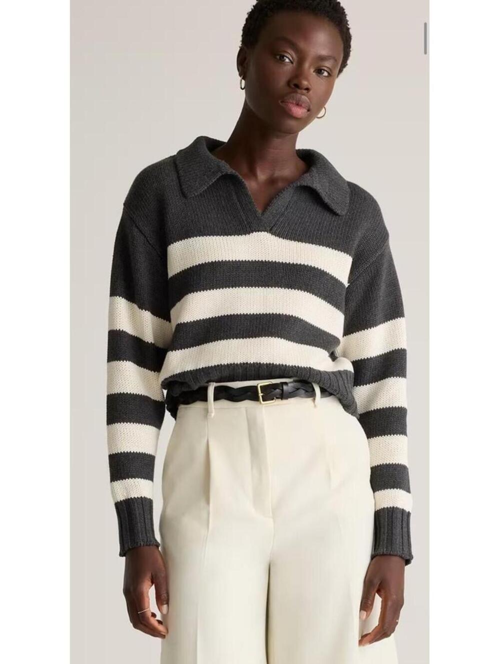 Quince Organic Cotton Striped Knit Polo Sweater Charcoal gray/white M